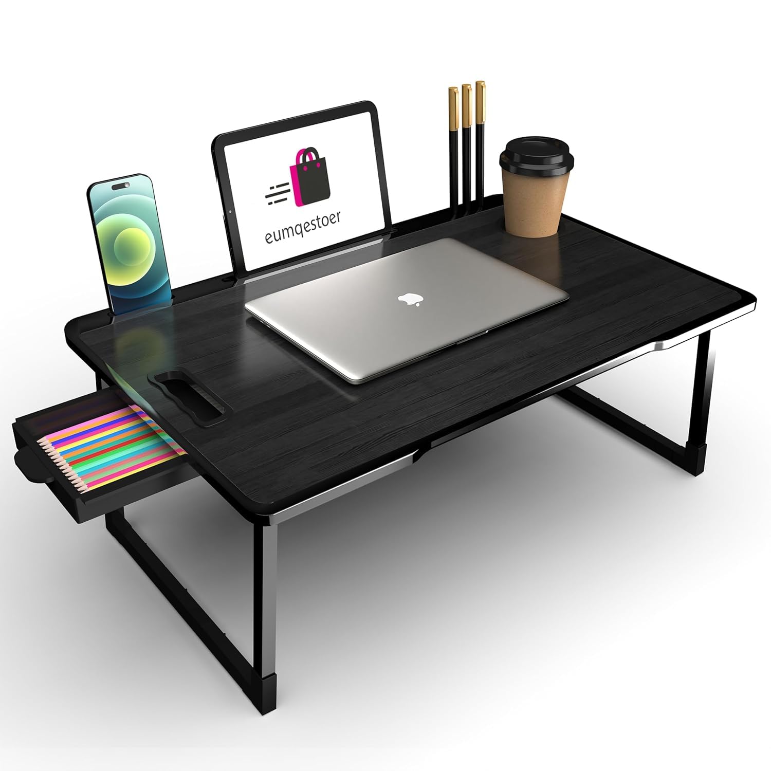 Stylish Multi-Purpose Portable Laptop Table, Foldable Wooden Desk for Bed Tray, Laptop Table, Study Table with Mug Holder, Ergonomic, Non-Slip Legs in Bed Table (COTTED, Black)